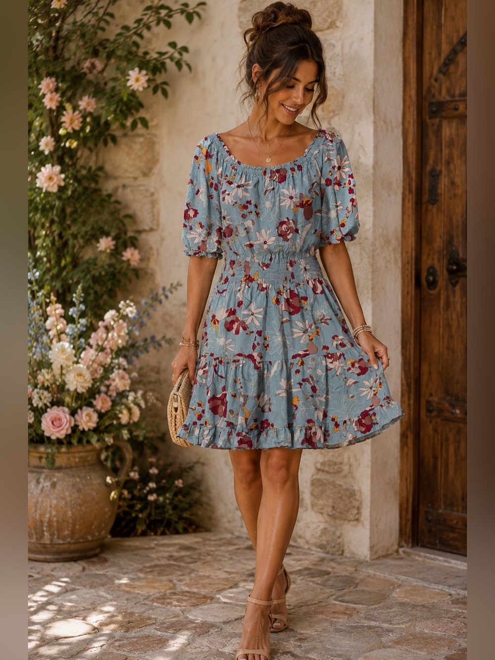 Easel Rayon Floral Off-Shoulder Dress
